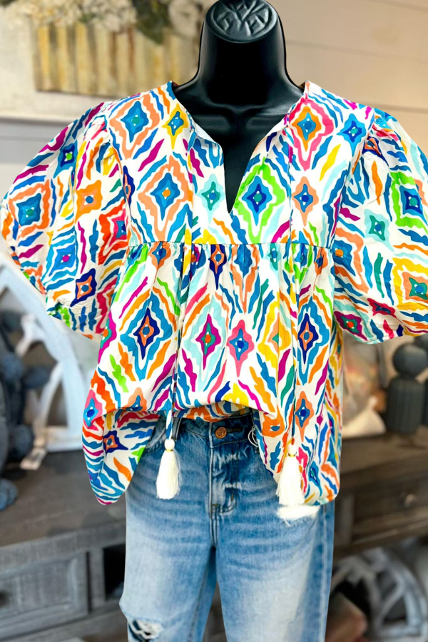 Tassel Tie Multi Color Print Top