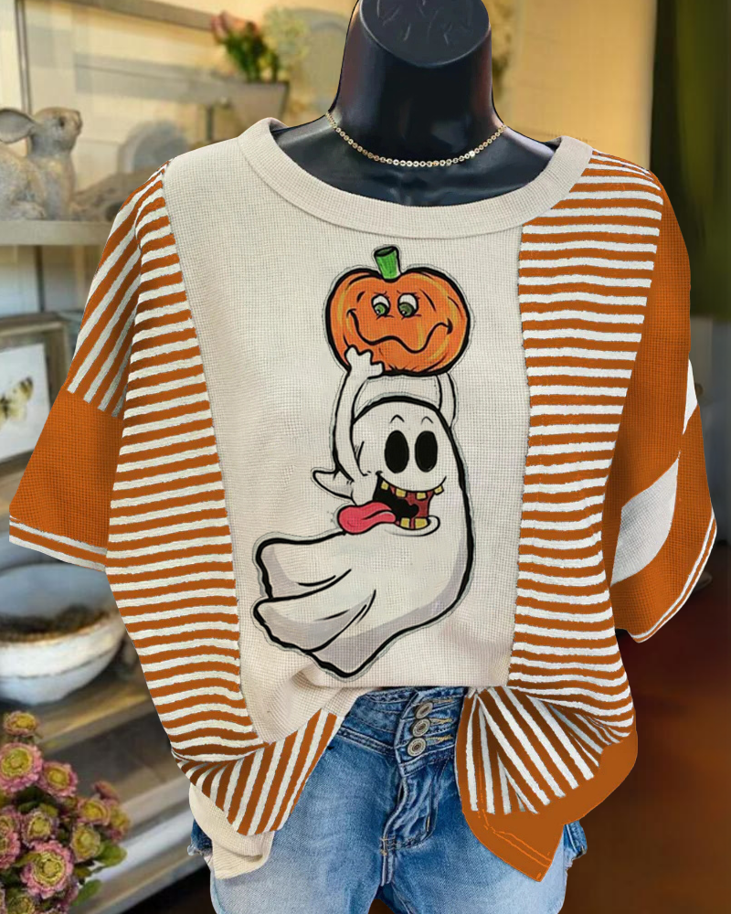 Playful Pumpkin Ghost Striped T-shirt