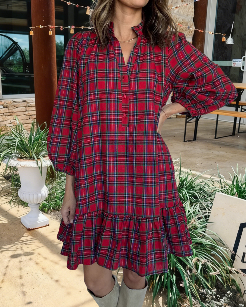 Ruffled V-Neck Half-Button Mini Dress