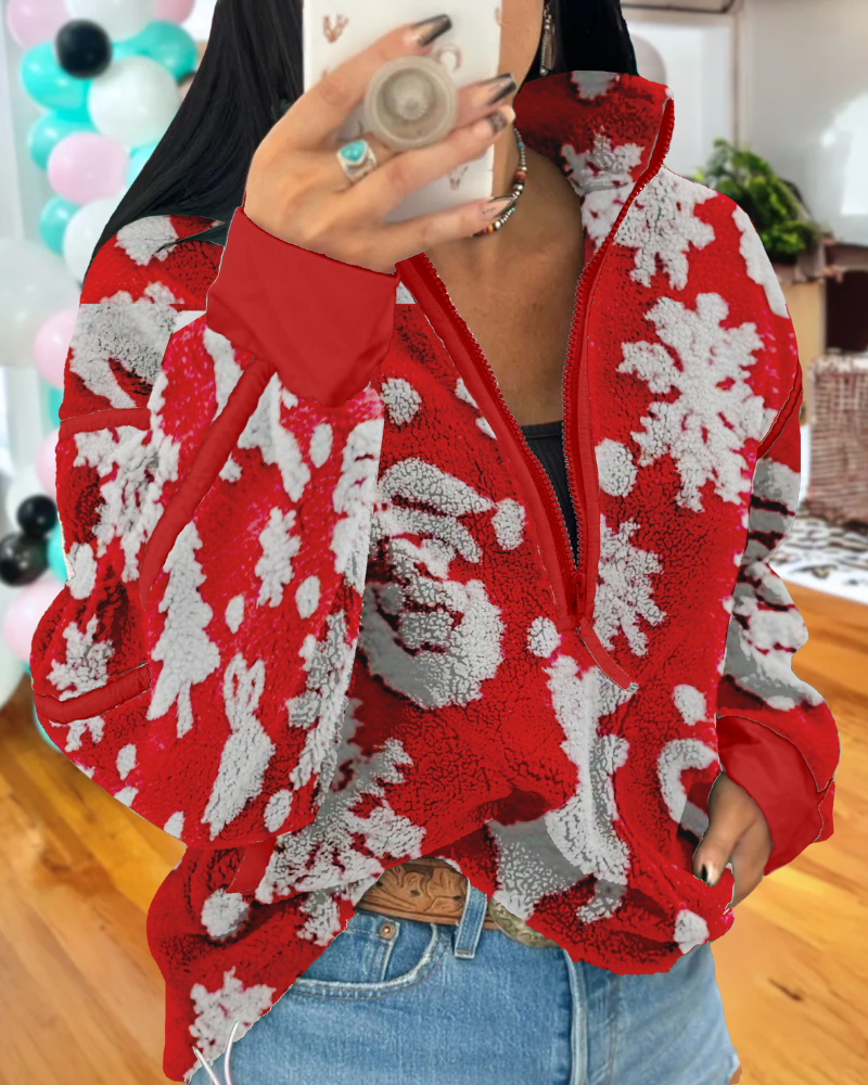 Festive Snowflake Print Fleece Pullover