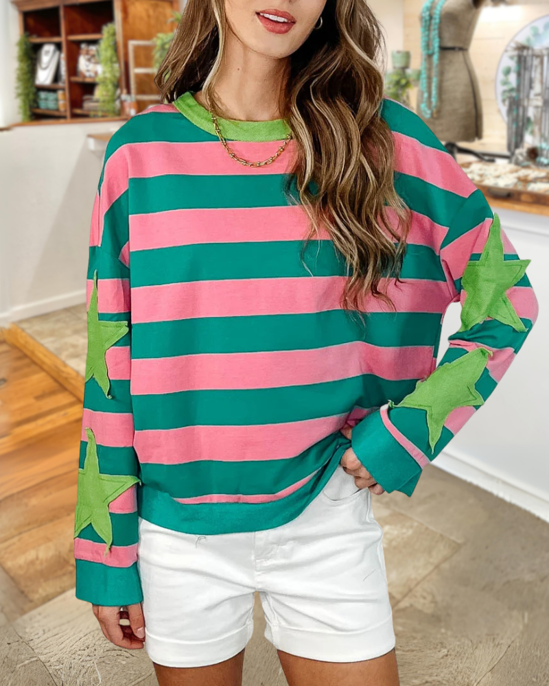 Star Patch Colorblock Striped Sweatshirt
