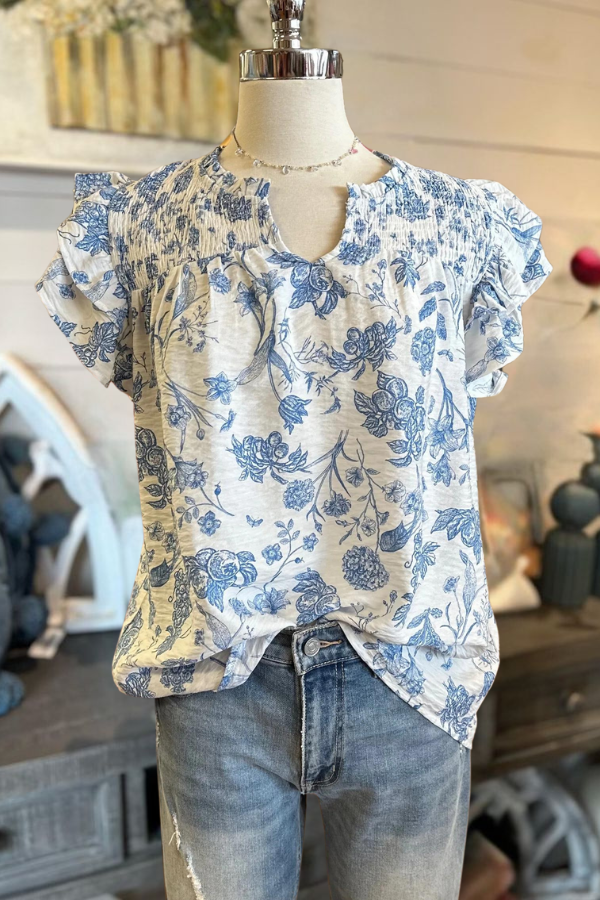 Smocked Ruffle Sleeve Top-Blue