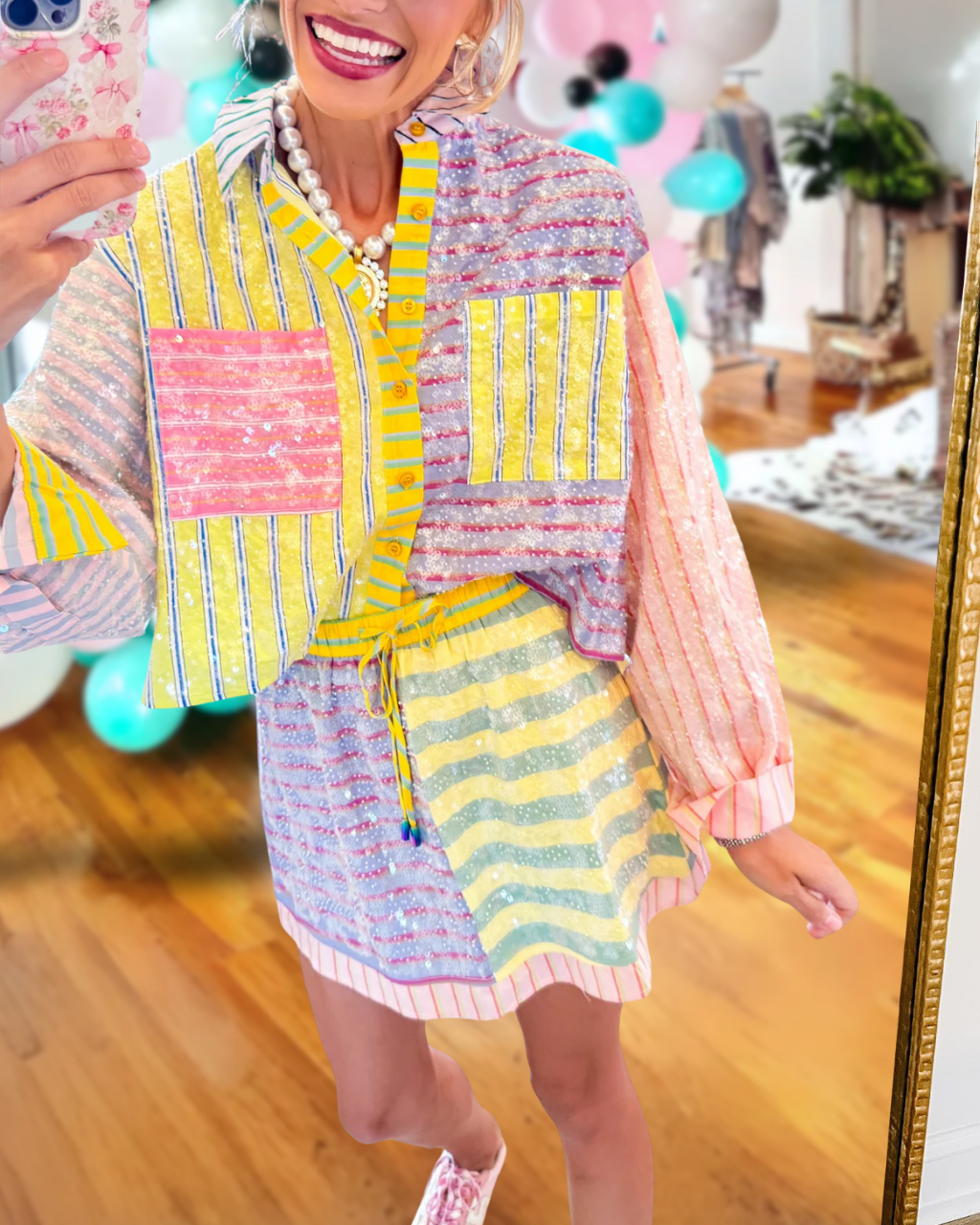 Colorful Striped Color-blocked Printed Skirt Set