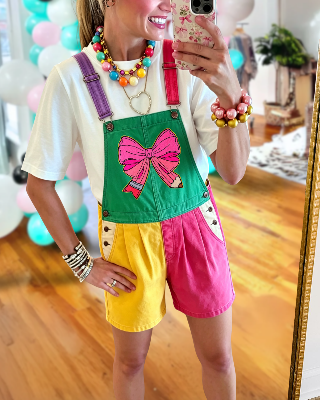 Color-blocked Bow Pencil Embroidered Overalls