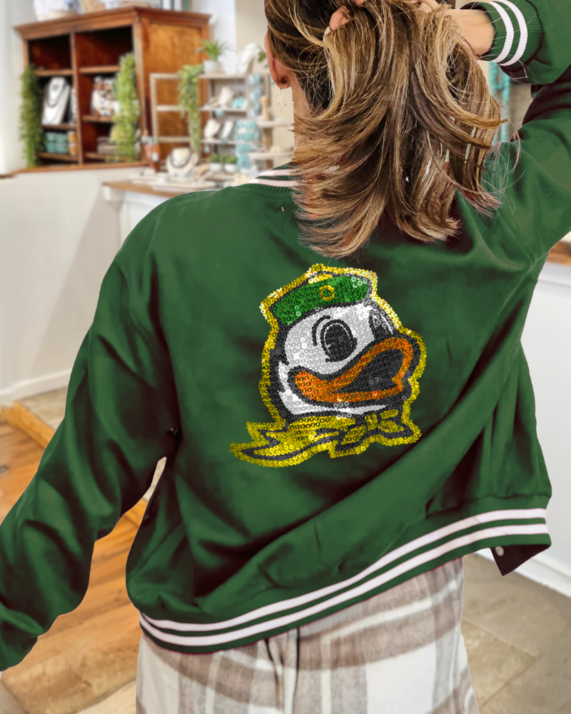 Ducks Print Striped Trim Jacket