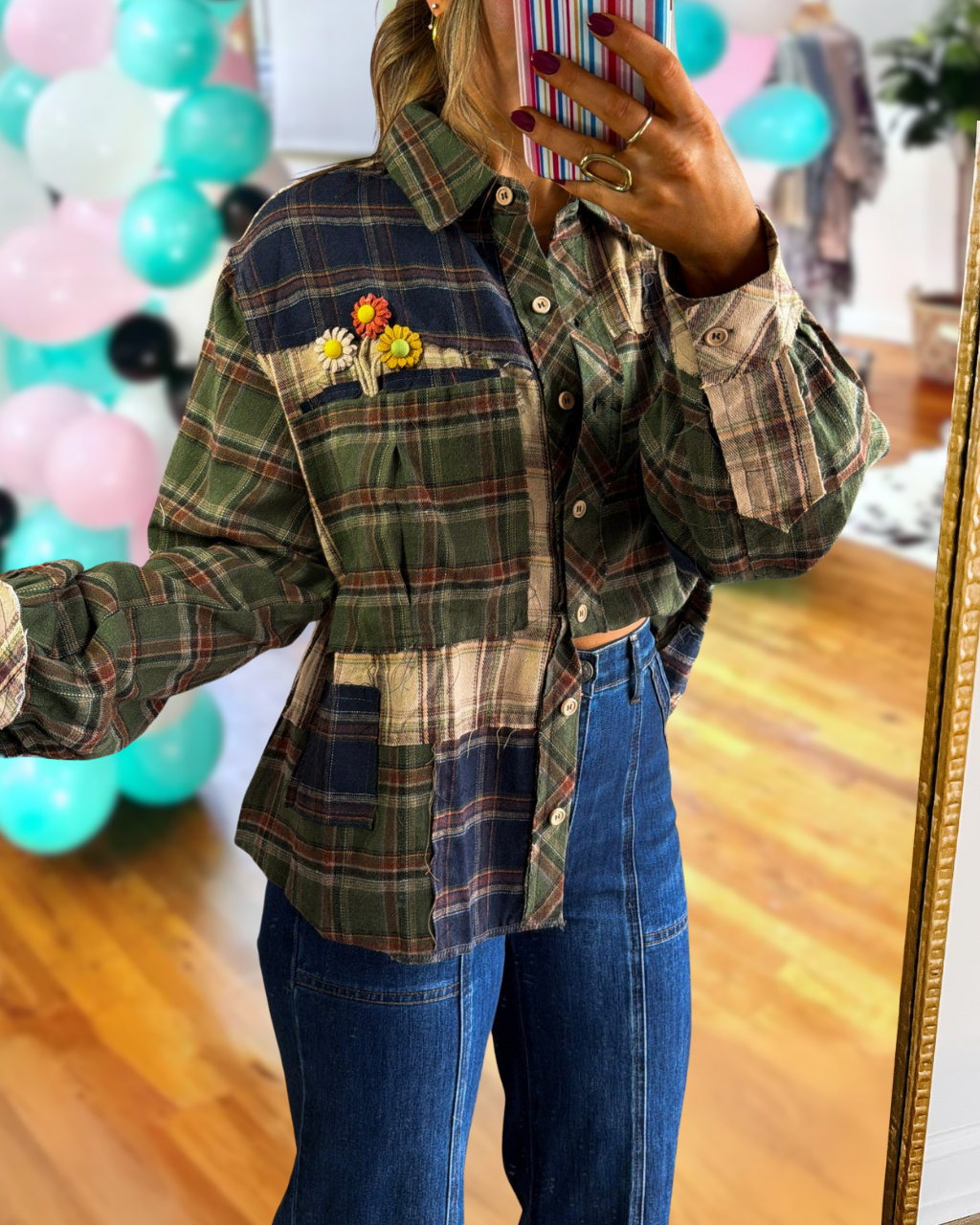 Floral Embroidery Brushed Plaid Patchwork Shirt