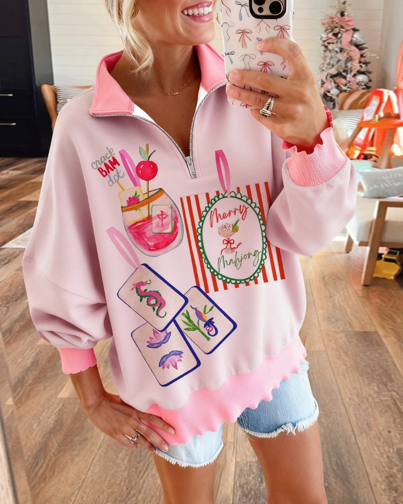 Mahjong Print Half-Zip Sweatshirt