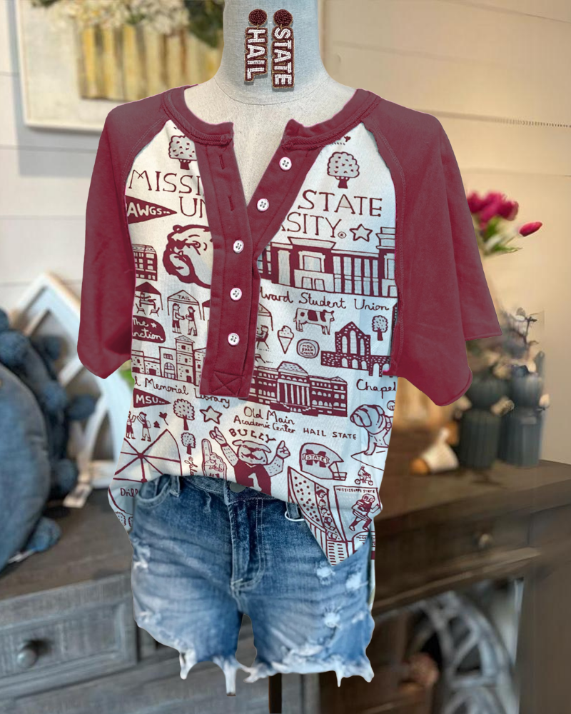 MSU Mixed Pattern Half Collar Button Top