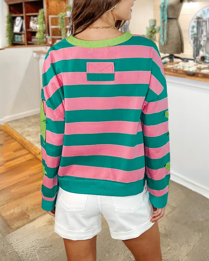 Star Patch Colorblock Striped Sweatshirt