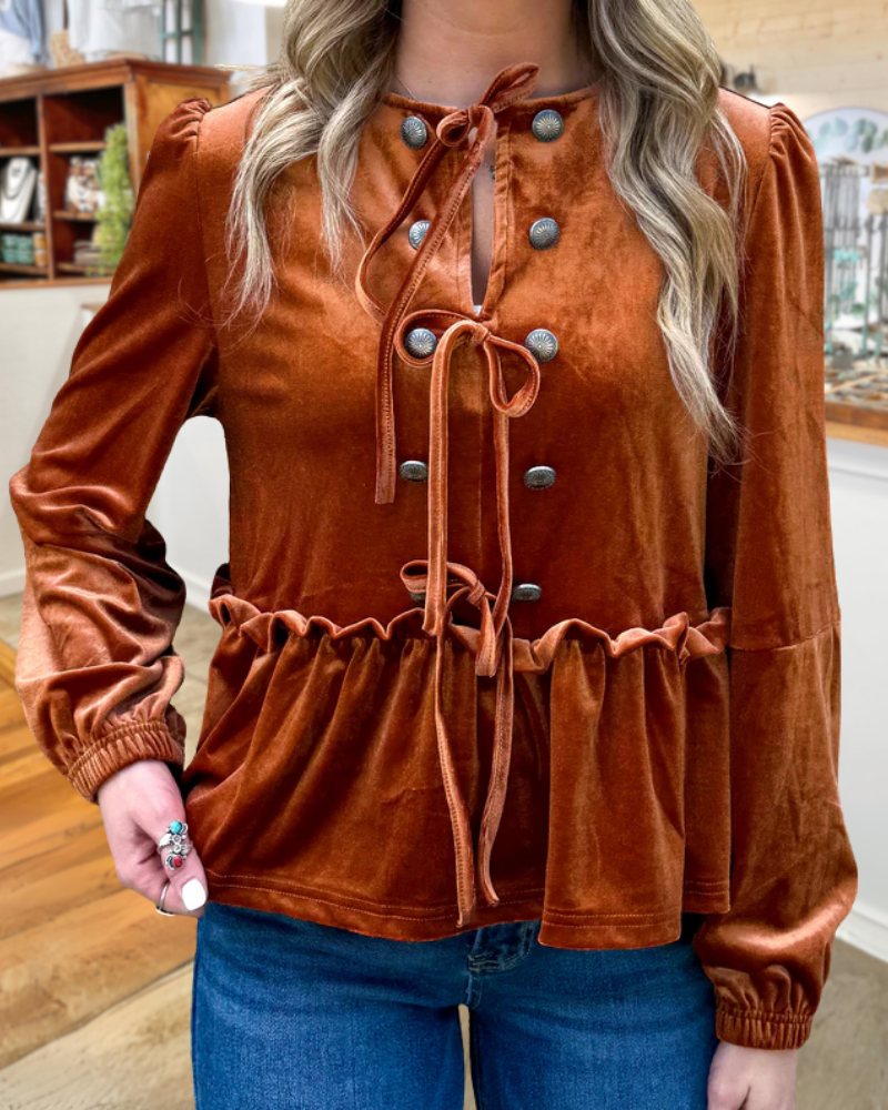 Elegant Lace-Up Velvet Blouse