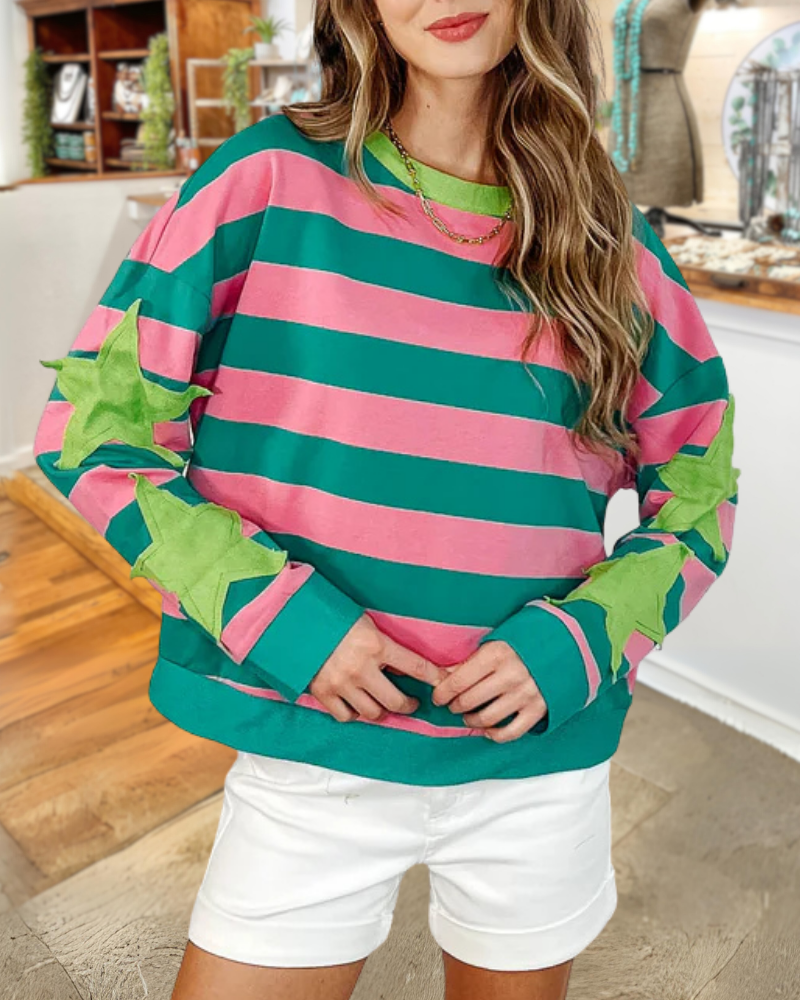 Star Patch Colorblock Striped Sweatshirt