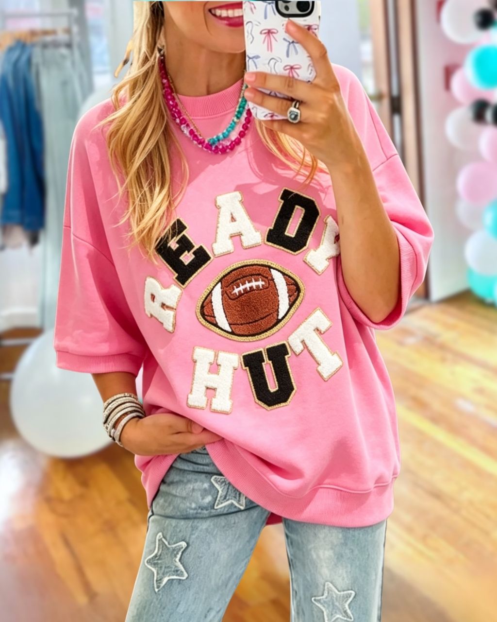 Football READY HUT Chenille Embroidery T-shirt