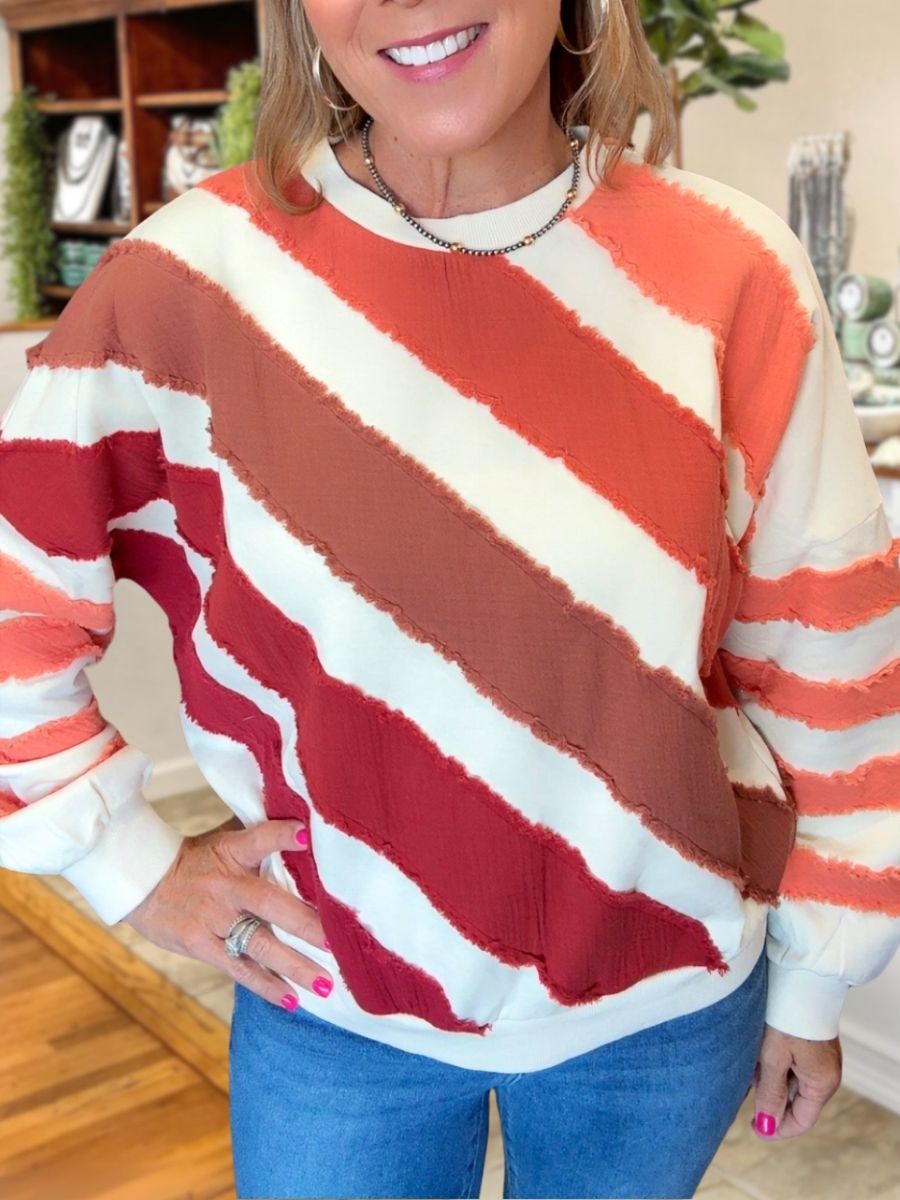 Diagonal Stripe Raw Edge Pullover