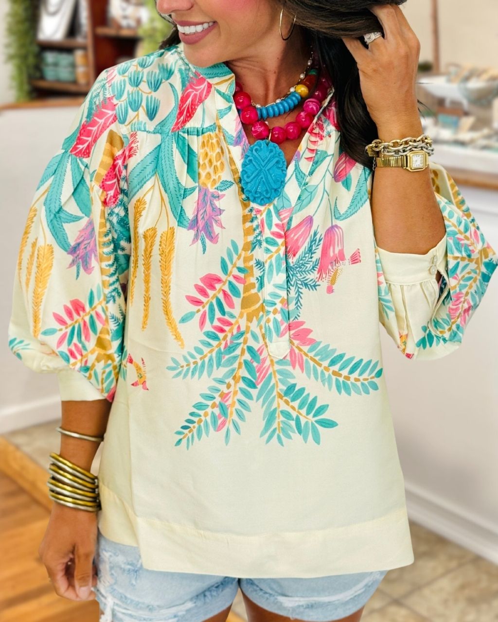 Elegant Botanical-Print Satin Top