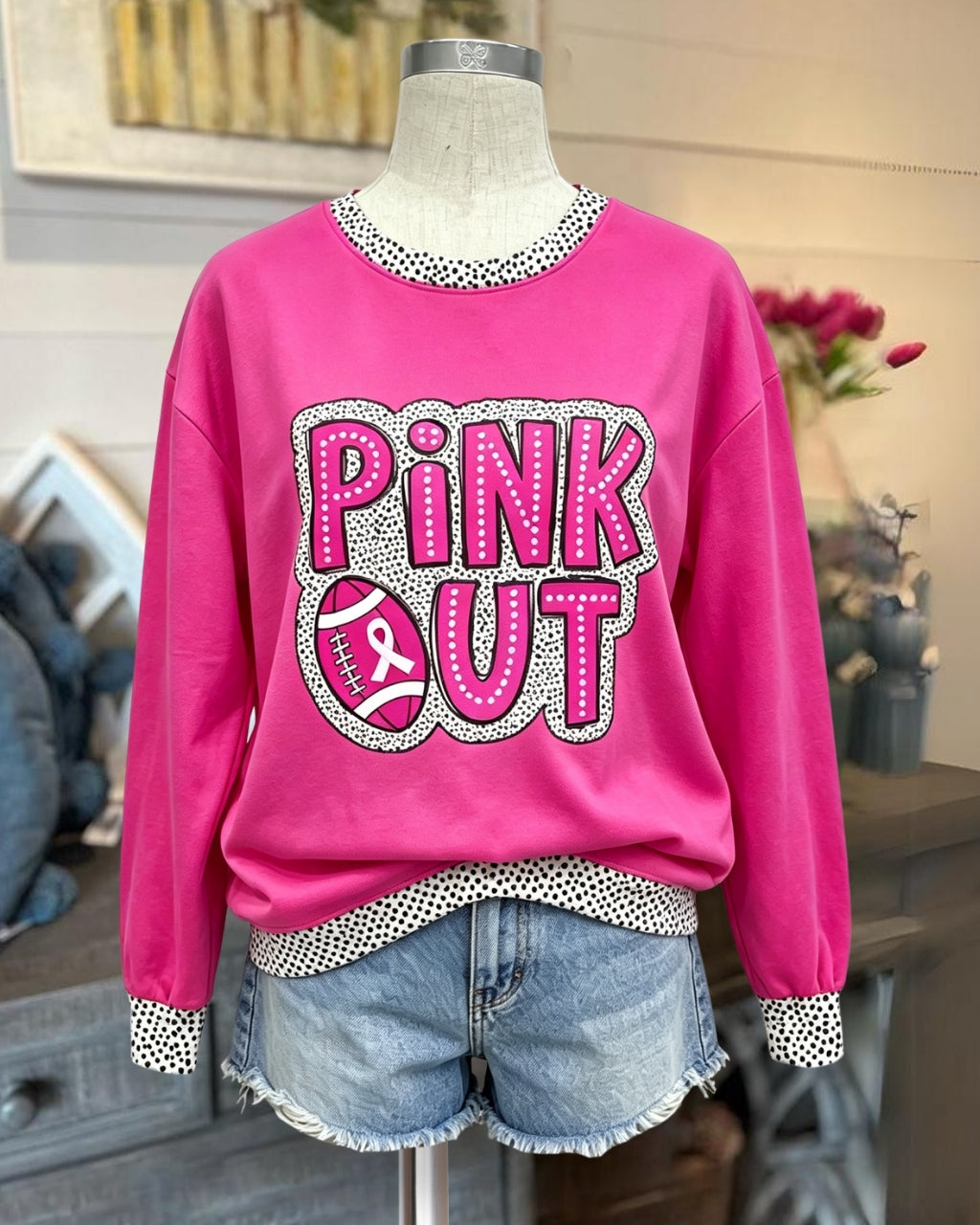 "Pink Out" Football Spotted Trim Sweatshirt