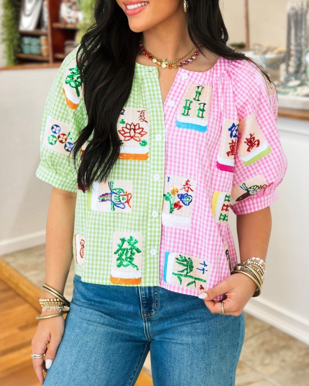 Contrast Checkered Mahjong Sequin Shirt