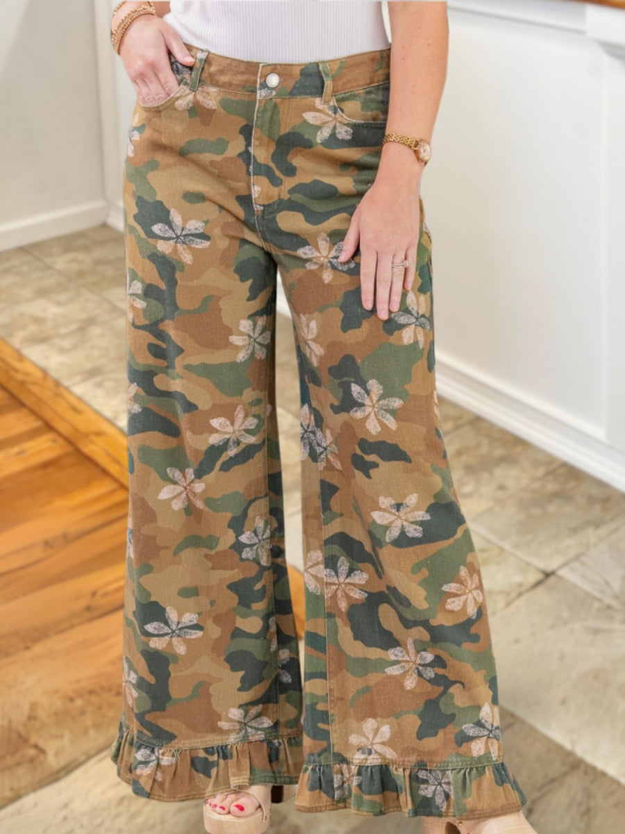 Camouflage Floral Ruffle Pants