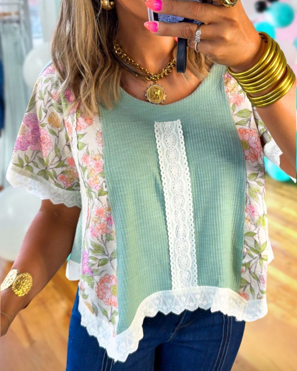 Floral Lace Trim Patchwork Top