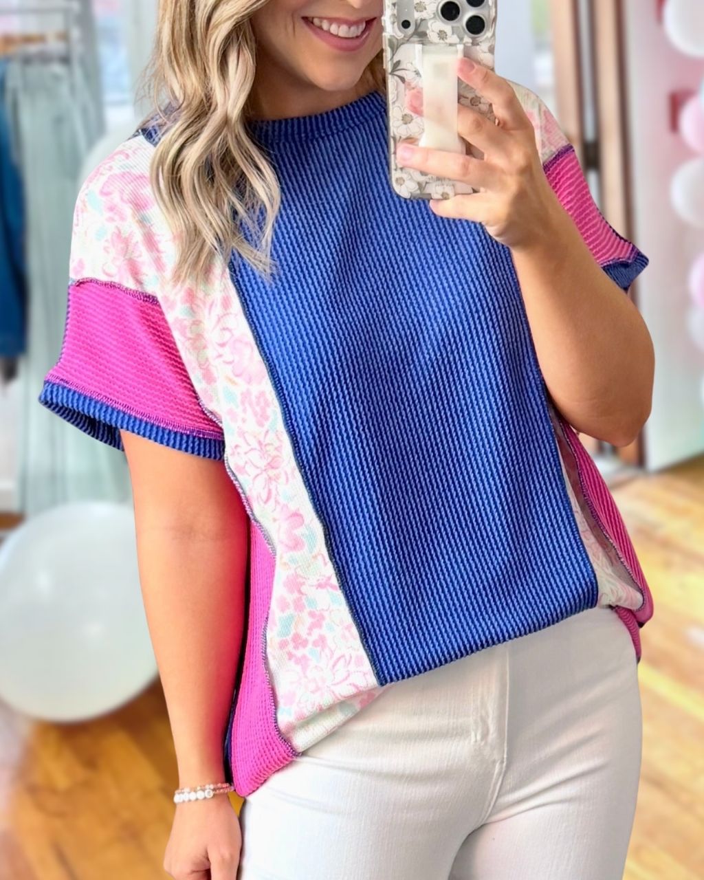Color-block Floral Ribbed Top