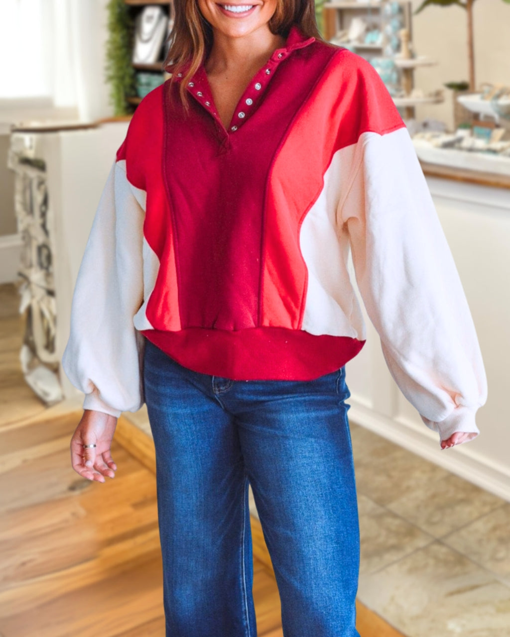 Chic Button Accent Colorblock Sweatshirt