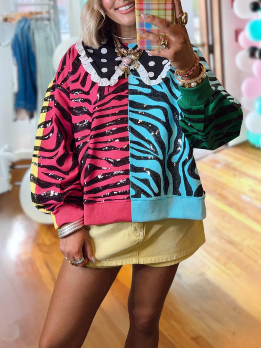 Tiger Stripe Polka Dot Colorblocked Sequined Pullover