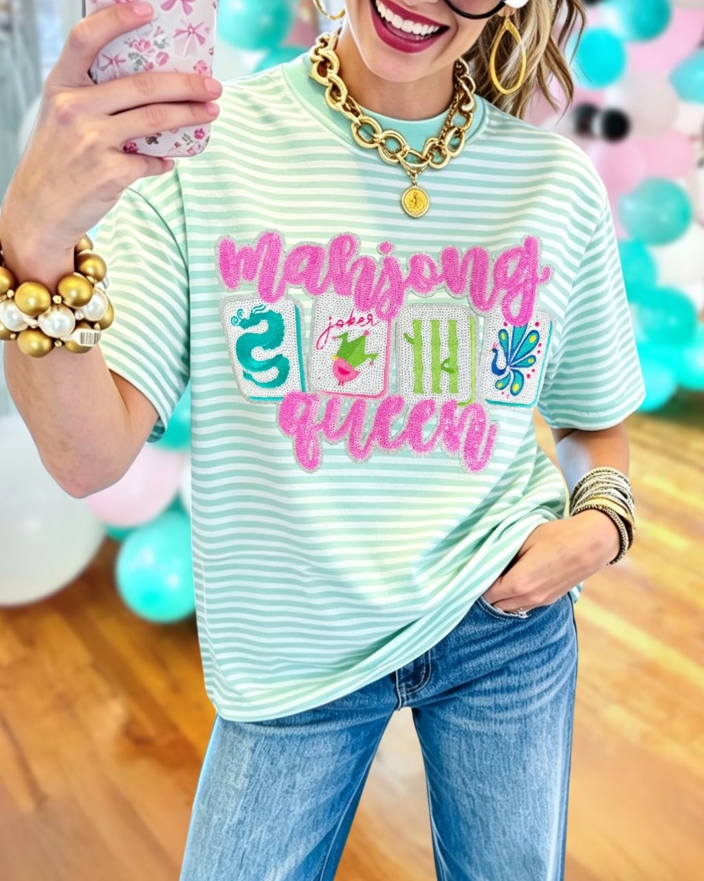 Mahjong Queen Sequin Striped T-shirt