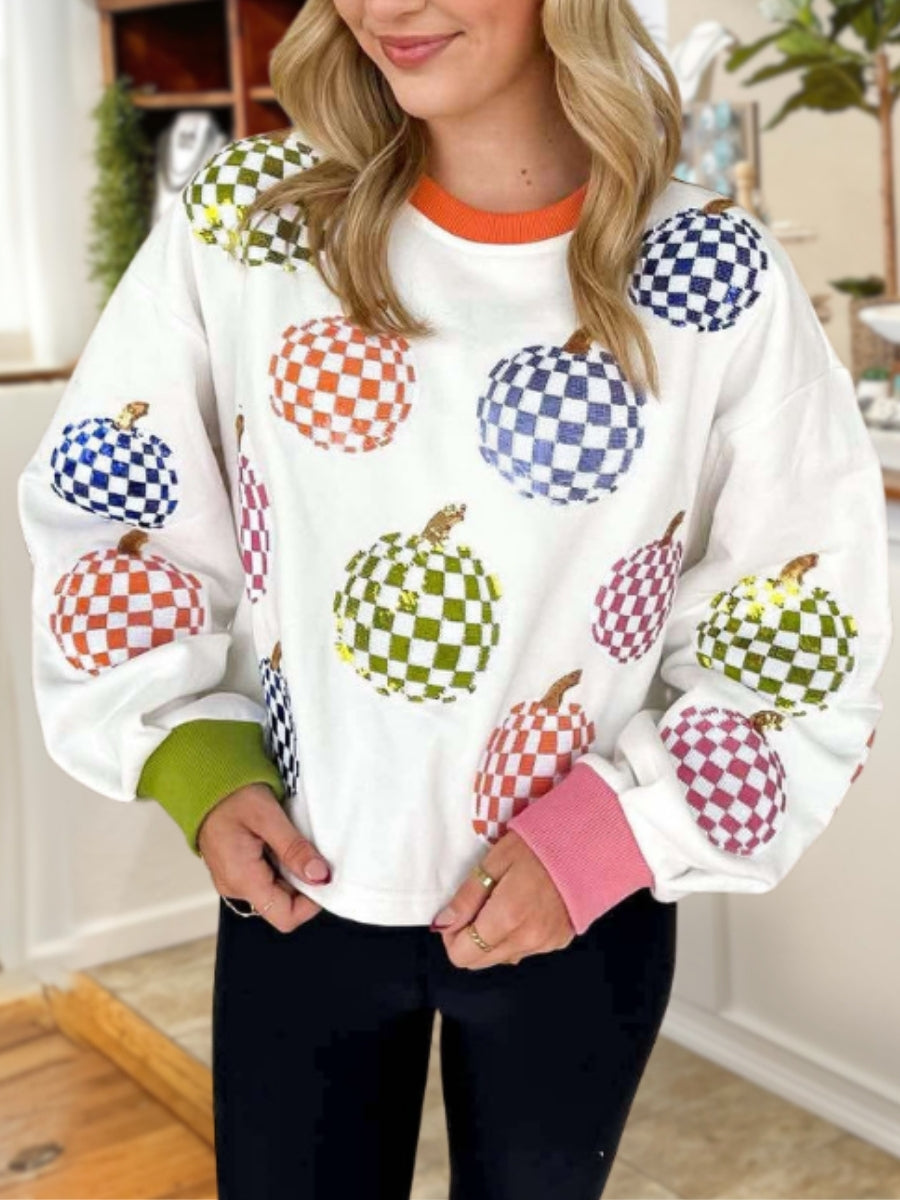 Colorful Sequin Plaid Pumpkin Pullover