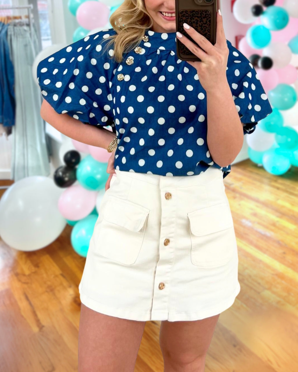 Polka-Dot  Puff Sleeves Satin Top