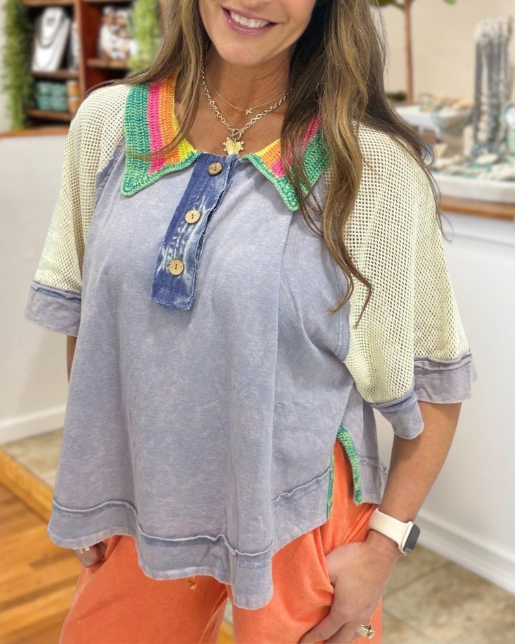 Mesh Patchwork Washed Distressed Top