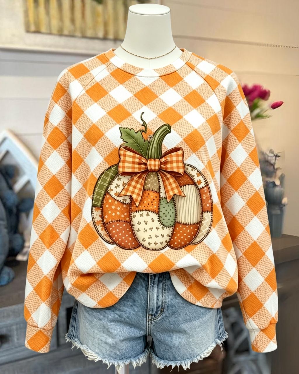 Pumpkin Bow Print Plaid Sweatshirt
