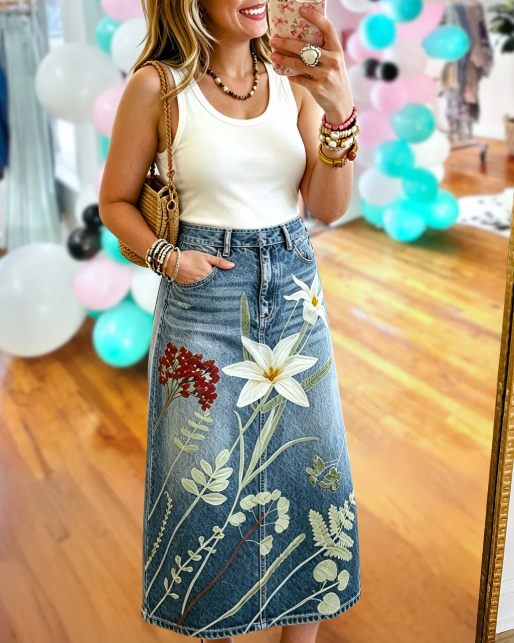 Floral Pattern Denim Skirt