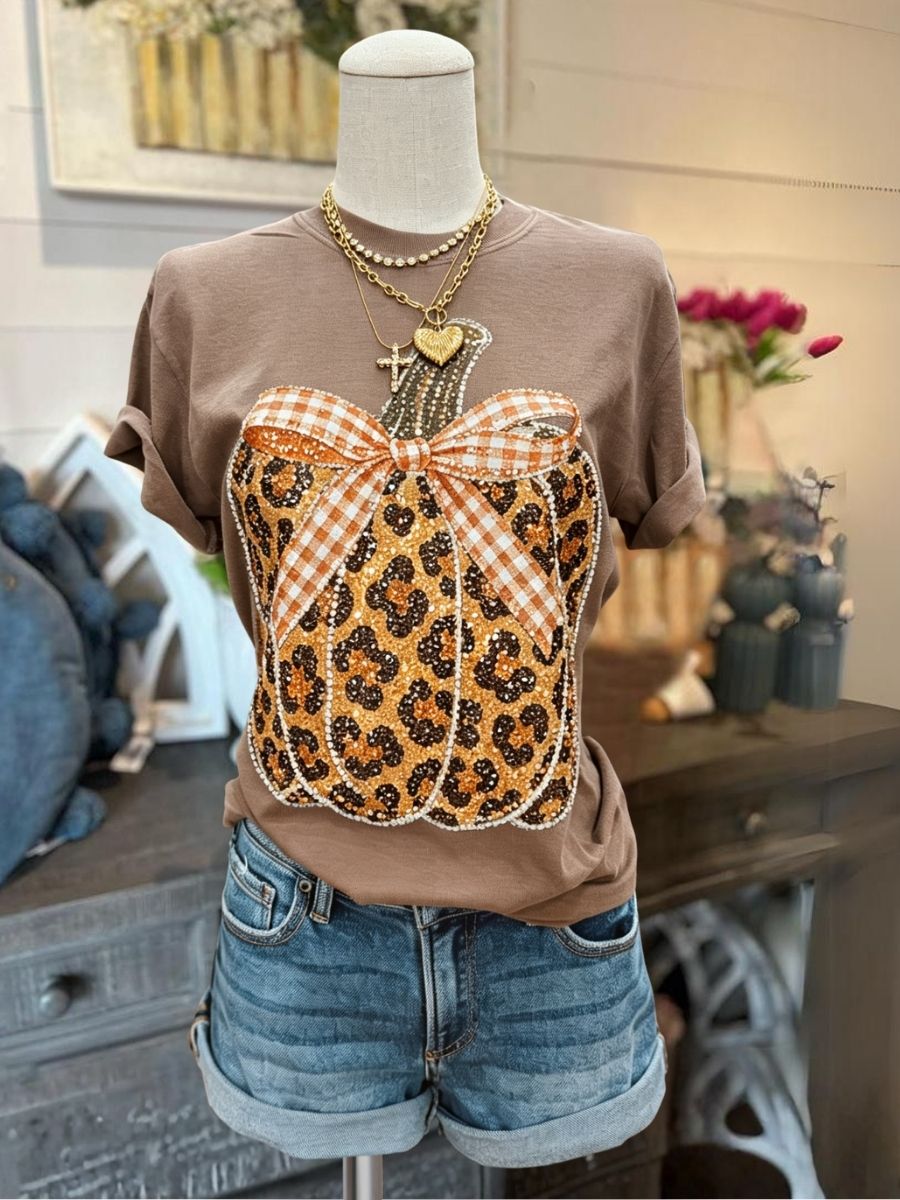 Sequin Leopard Print Pumpkin Bow T-Shirt