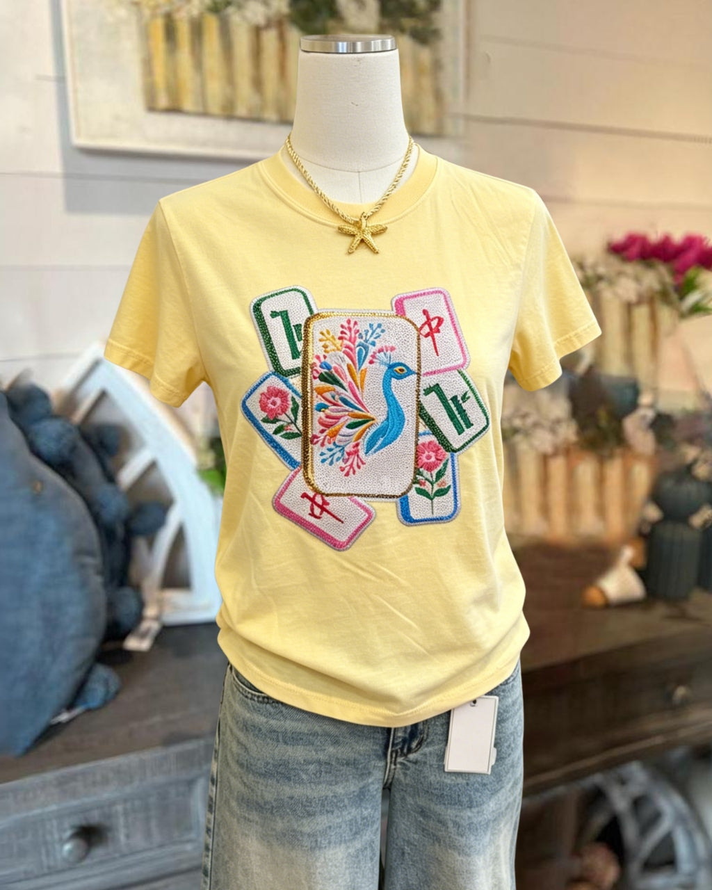 Peacock Mahjong Embroidered Tee