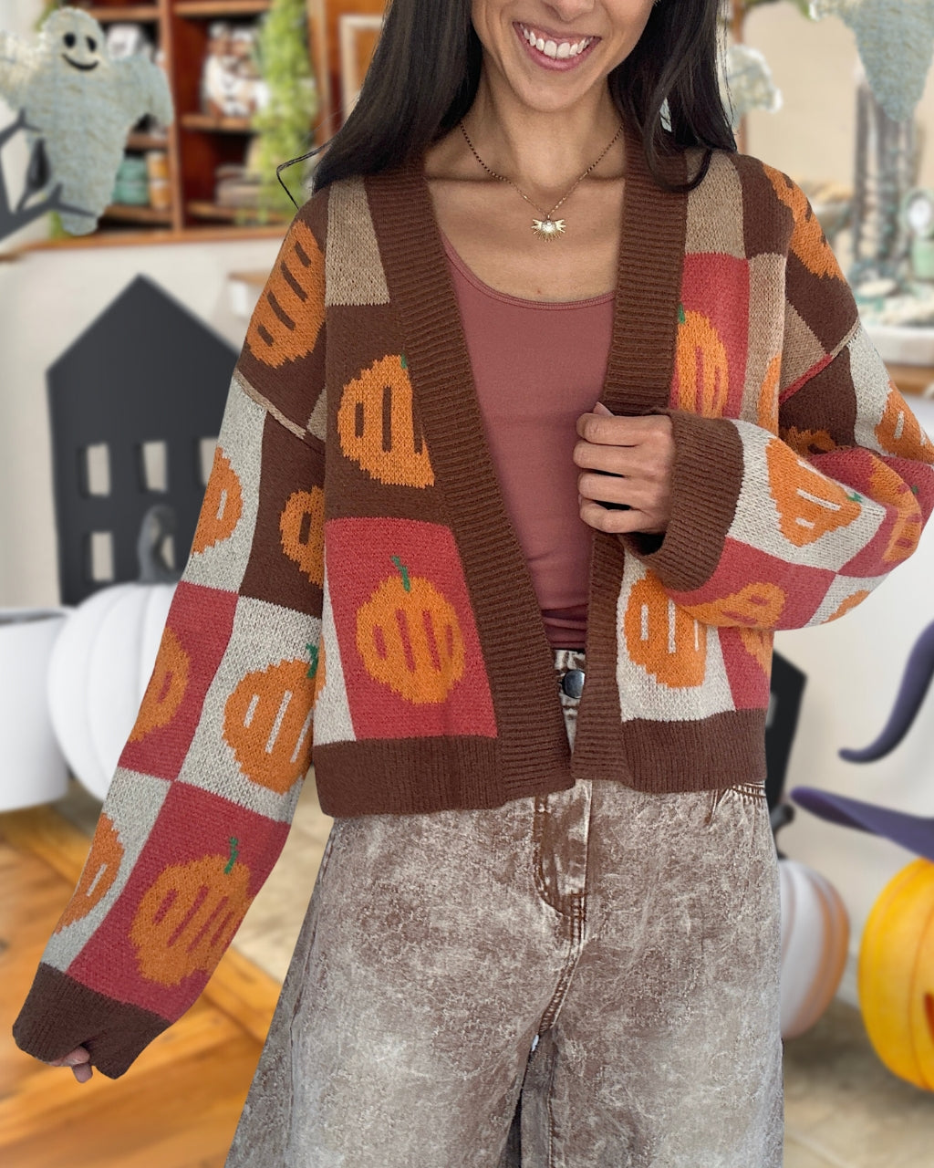 Playful Pumpkin Checkered Cardigan