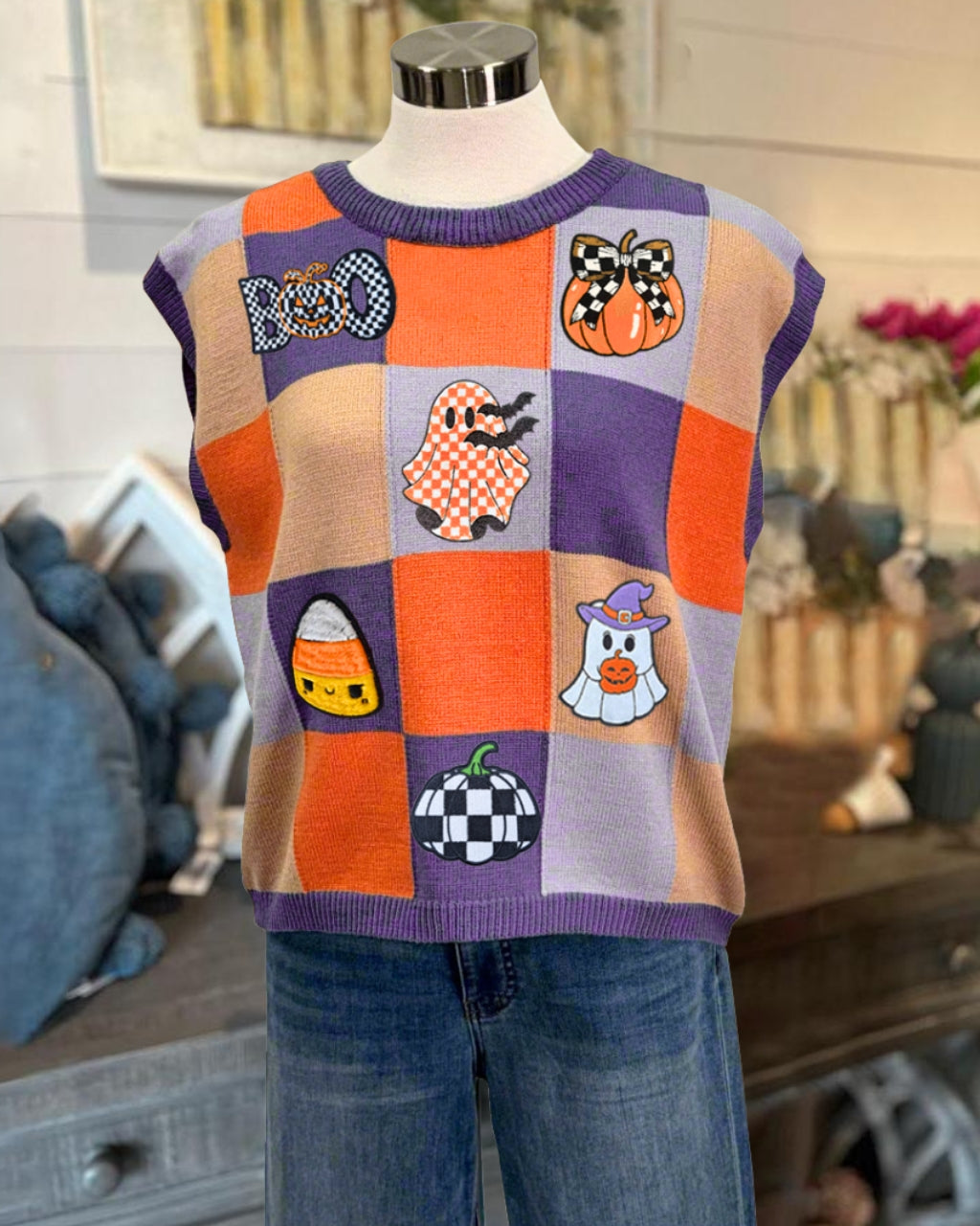 Halloween Checkered Ghost Pumpkin Embroidered Vest