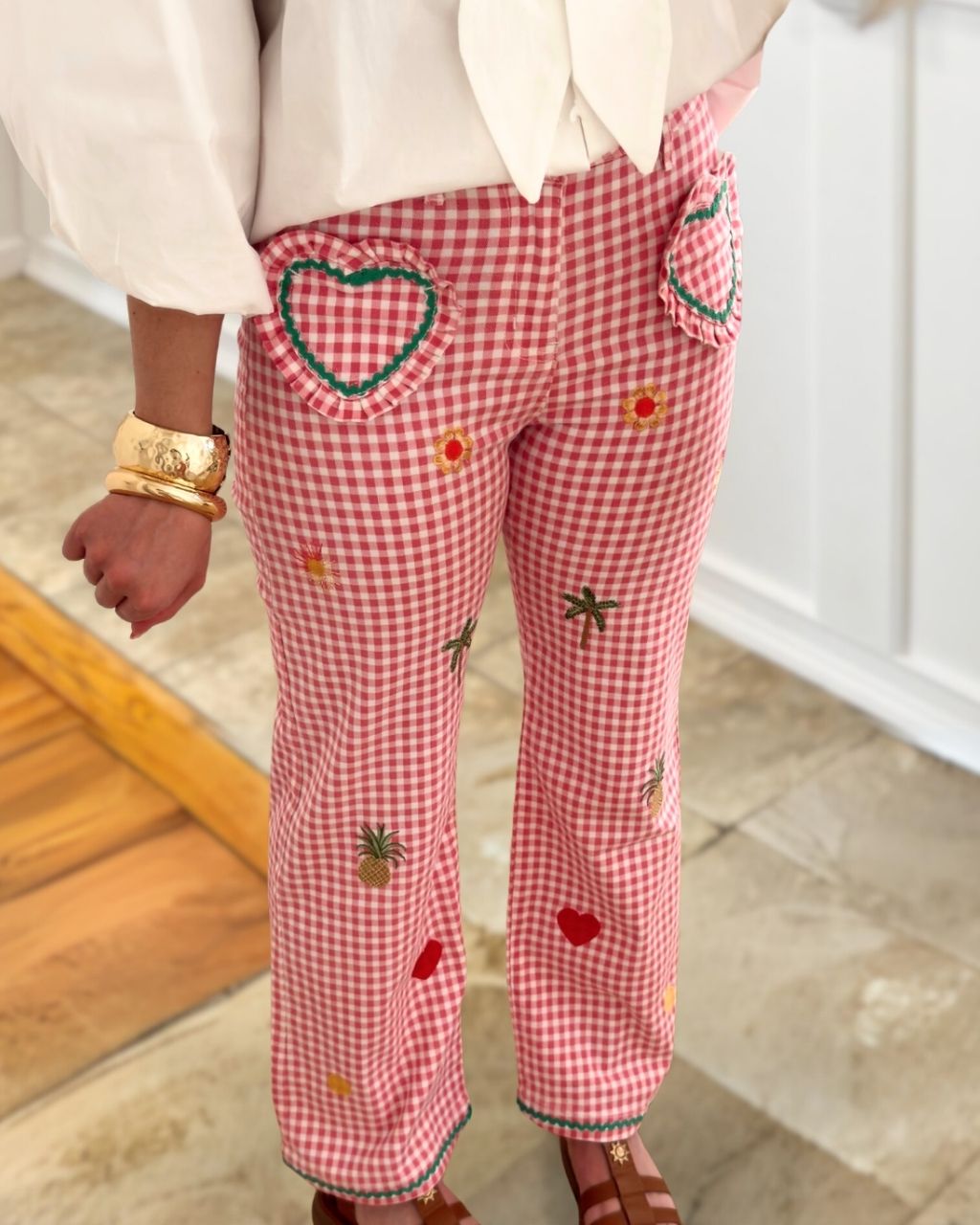 Heart Appliqué Embroidered Plaid Pants