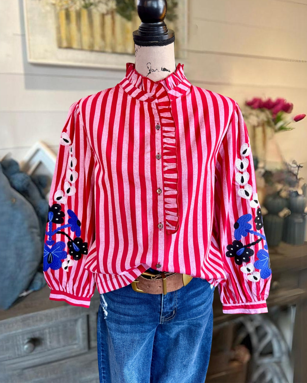 Embroidered Floral Striped Blouse