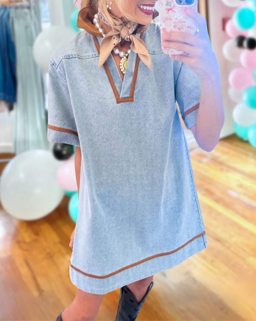 Washed Denim V-Neck Mini Dress
