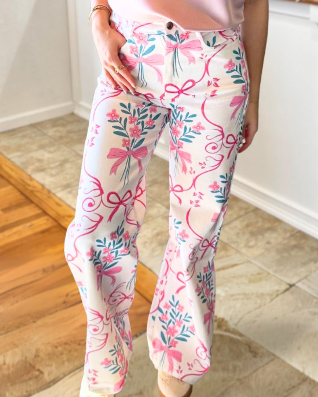 Bow Floral High Elastic Pants