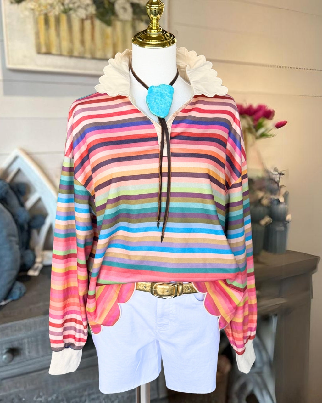 Rainbow-striped Scalloped-edge Top