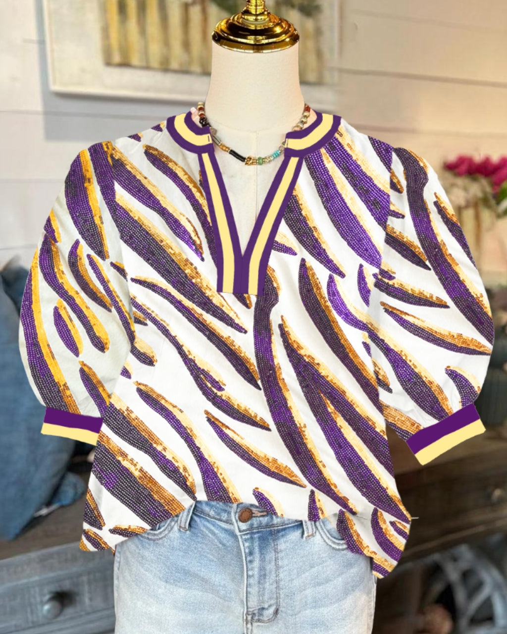 Tigers Puff Sleeve Satin Top