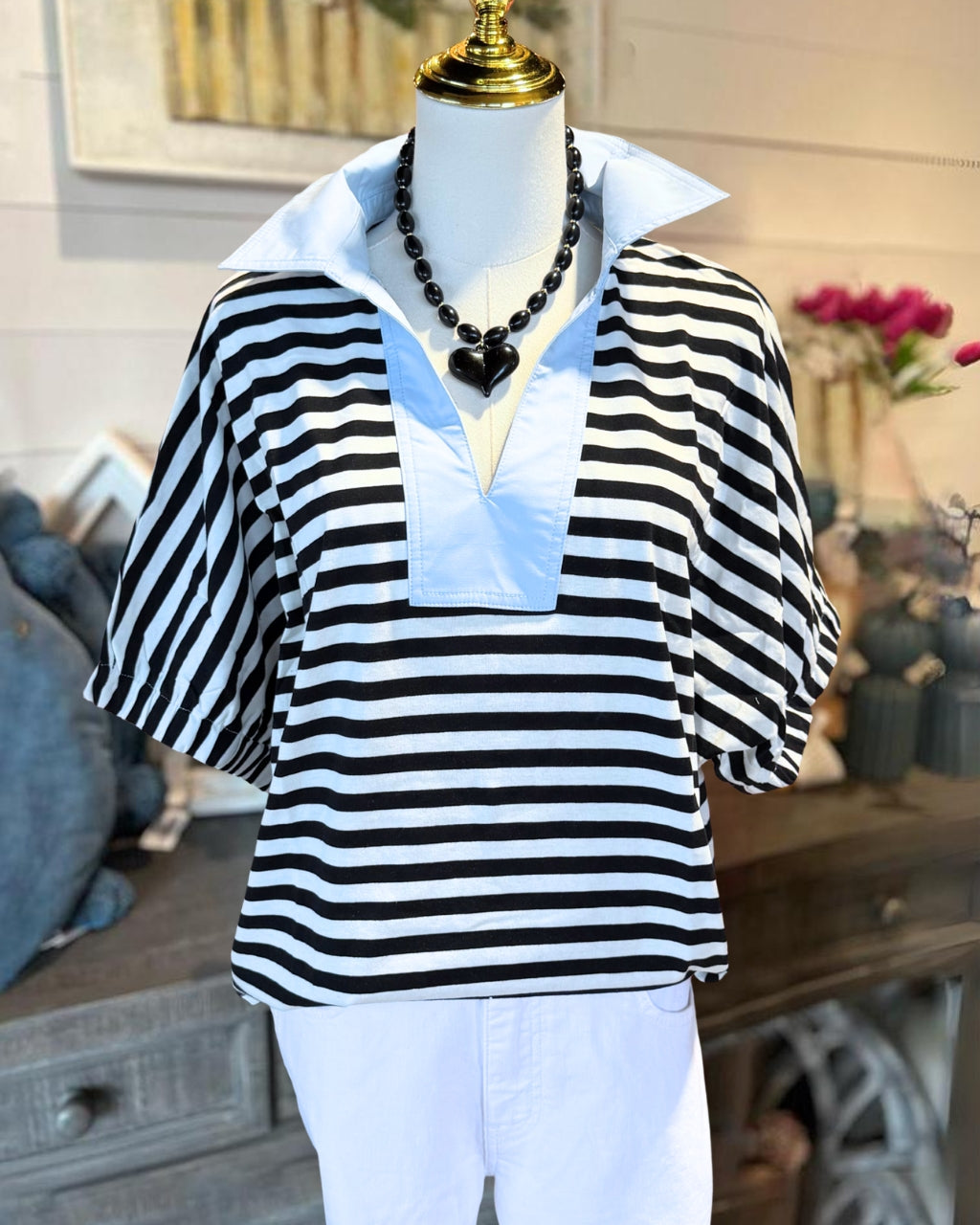 Trendy Striped Collared Top