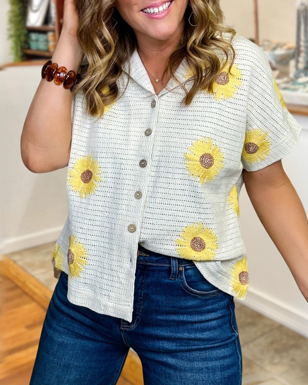 Sunflower Embroidered Knit Shirt