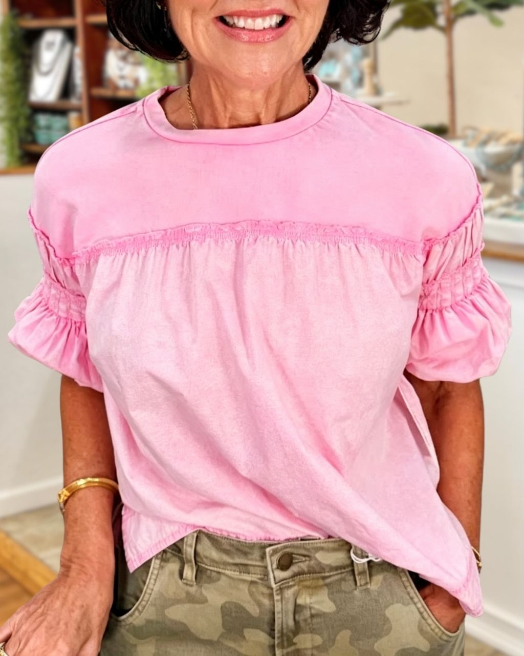 Patchwork Ruched Puff Sleeve Top