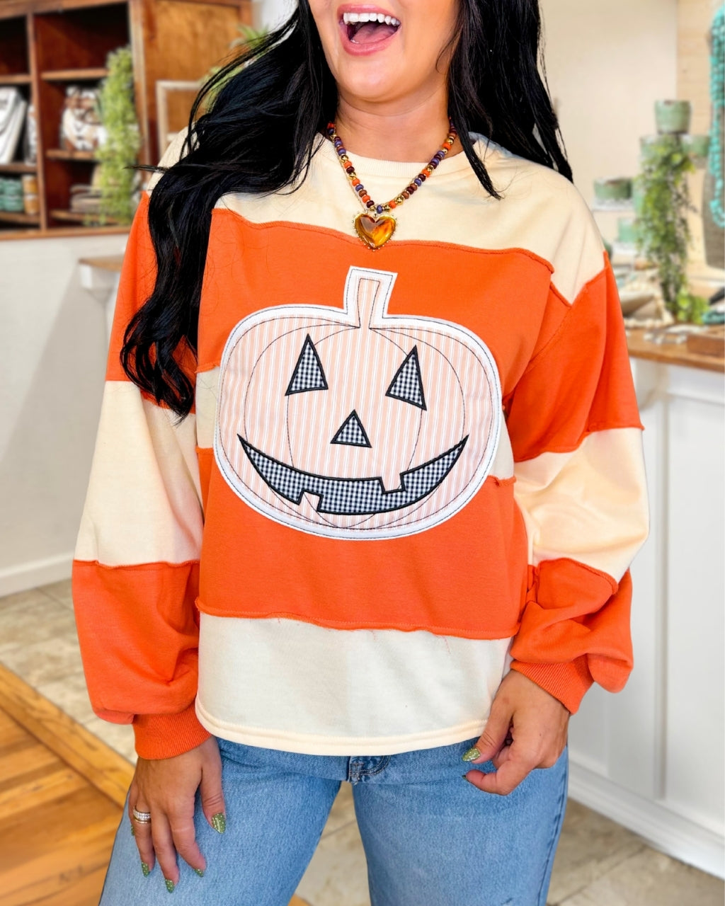 Color Block Pumpkin Embroidery Pullover