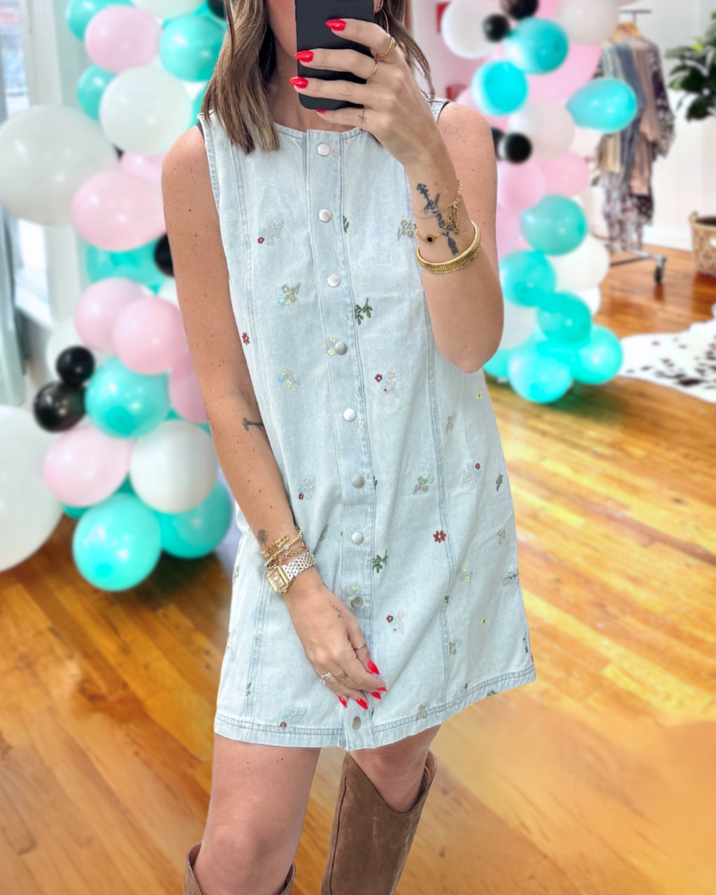 Embroidered Sleeveless Denim Dress