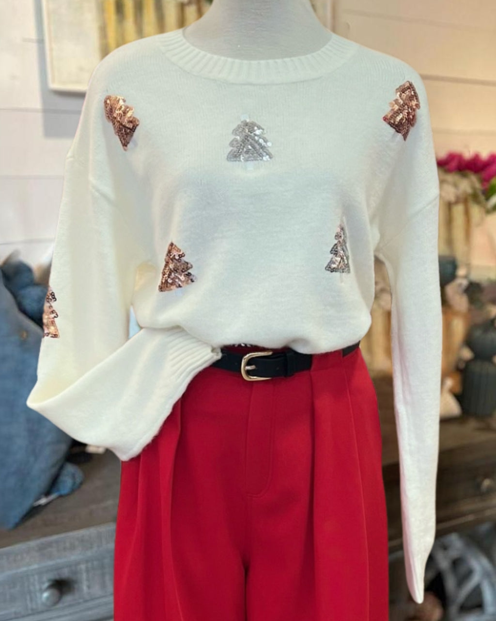Simple Christmas Tree Sequined Pullover