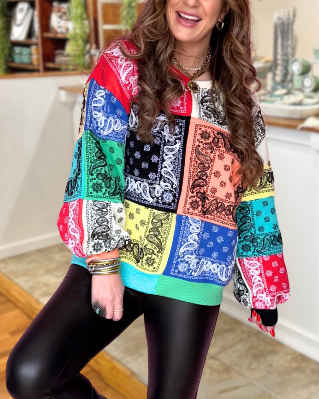 Multi-colored Paisley Color-block Pullover