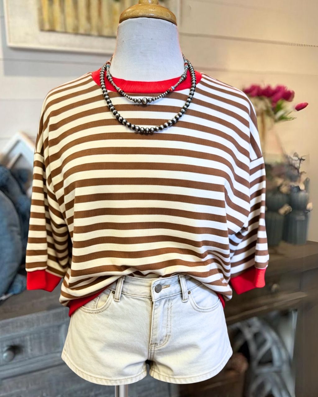 Contrasting Trim Striped Top