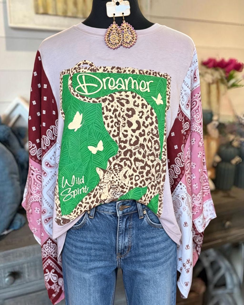 Dreamer Cheetah Patchwork Sleeve Top